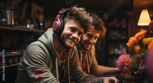 A man in headphones listens to music smiling. The concept of technology and using headphones for music. Generative Ai.
