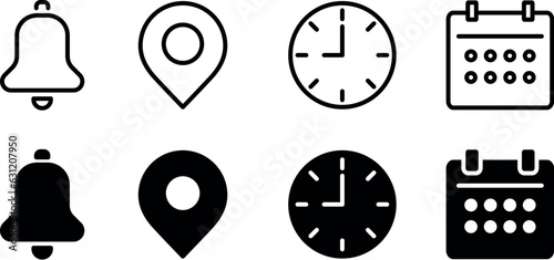 Notification bell icon. Address location icon. Clock / watch icon. Date Calendar icon. Marker icon, Alarm symbol. Ringing bell, notification alert icons.- Web icons set