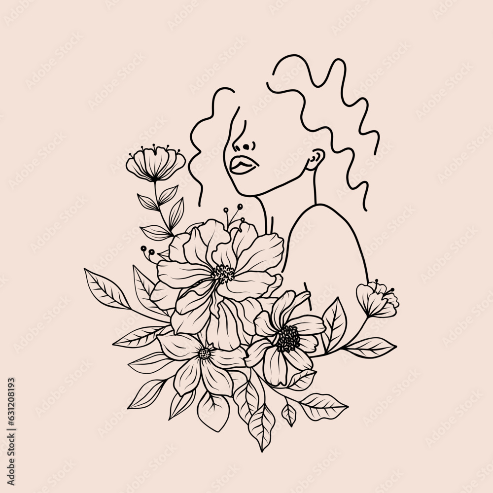 Floral woman face portrait with flowers, leaves bouquets line art ...