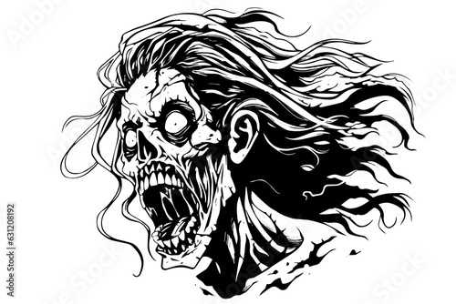 Zombie head or face ink sketch. Walking dead hand drawing vector illustration.