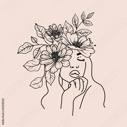 Floral woman face portrait with flowers, leaves bouquets line art sketch. One black line art female head with floral arrangement. Vector illustration in outline simple style