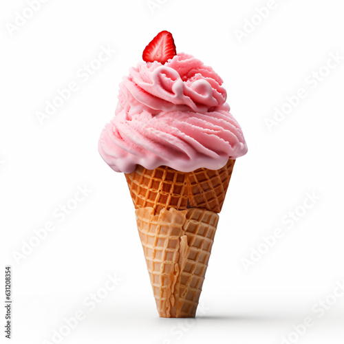 Strawberry ice cream cone isolated on a white background
