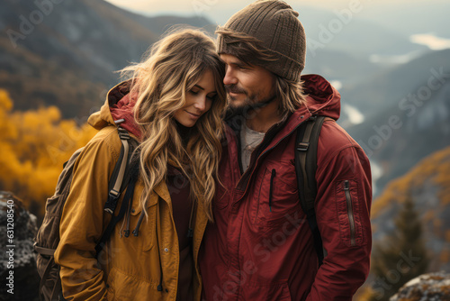 A couple of a woman and a man against the background of a beautiful landscape in the mountains, The concept of traveling to the mountains, loving traveling in the mountains. Generative Ai.