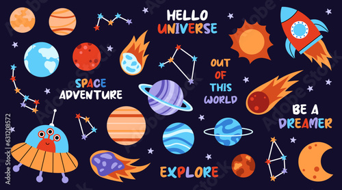 Cute cosmic elements and phrases isolated on a dark background. Colorful planets, asteroids, comet, stars, sun, moon, rocket, ufo and constellations.
