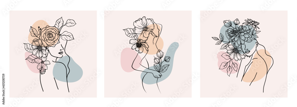 Set of abstract modern floral woman faces, portraits, bodies with flowers, leaves bouquets line art sketch. One black line art female heads, figures. Vector illustration in outline simple style