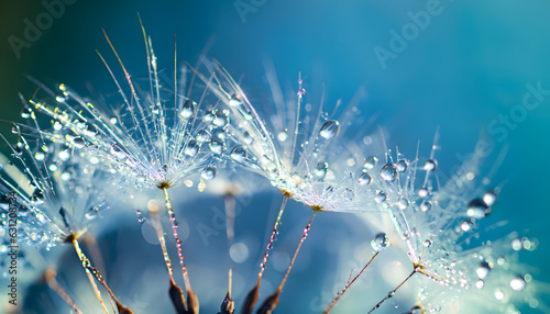 Blue Water drops on dandelion seeds