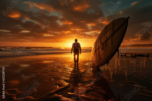 Surfer against the background of the sea and the setting sun, spending time surfing on the sea, ocean. Generative Ai.