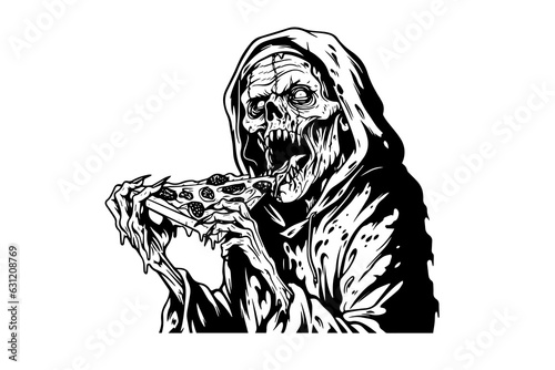 Zombie eats a pizza ink sketch. Walking dead fast food hand drawing vector illustration.