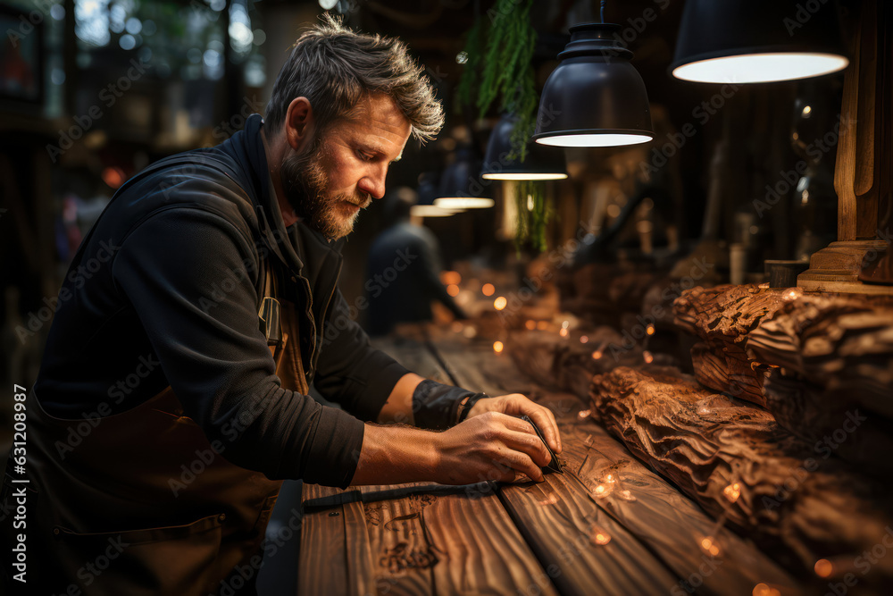 A carpenter working with wood. The concept of working with wood, working in a sawmill. Generative Ai. A carpenter working with wood. The concept of working with wood, working in a sawmill. Generative Ai.