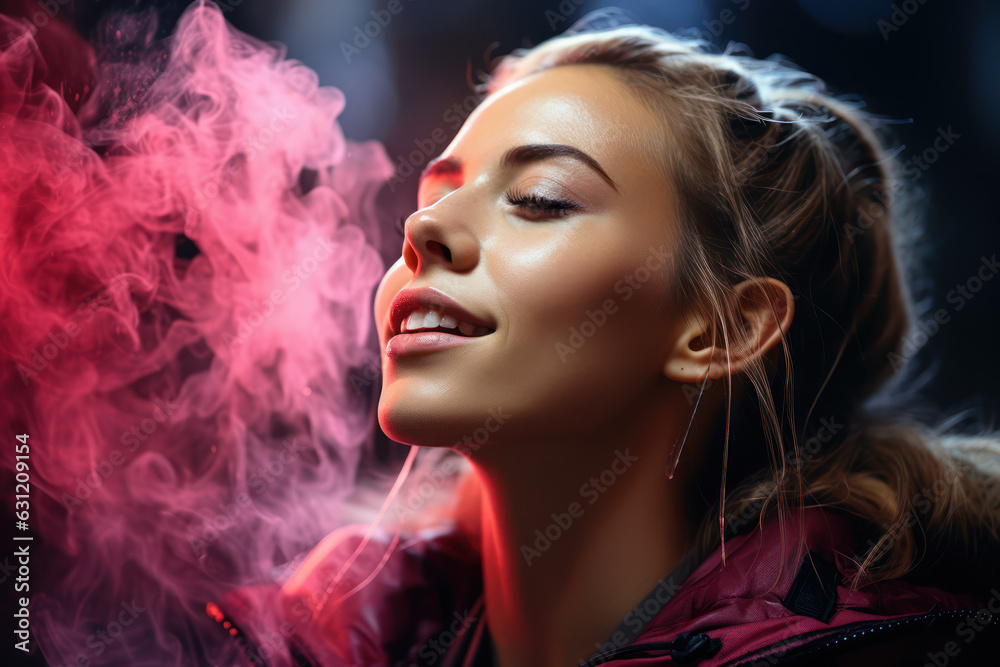 Beautiful woman floating in colored smoke. The concept of beautiful photos of a woman in smoke, dust. Generative Ai.