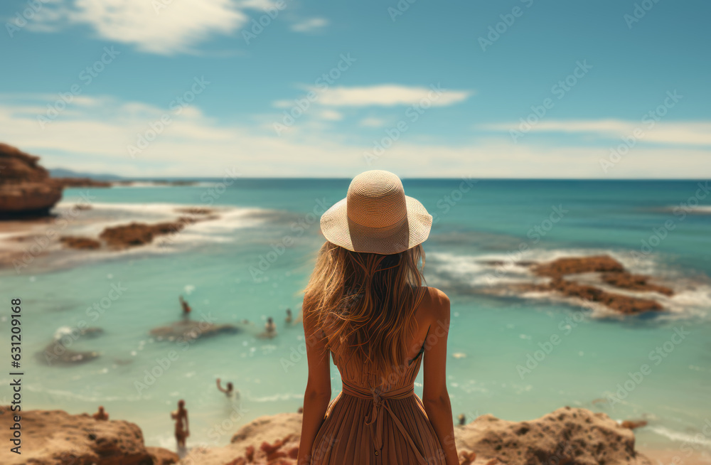 A woman in a hat sits on a beautiful beach looking at the beautiful sea, ocean. The concept of rest and admiring the landscape. Generative Ai.