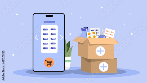 Buying medicine online concept. Mobile application or program for pharmacy website. Electronic commerce and home delivery. Healthcare and treatment. Cartoon flat vector illustration