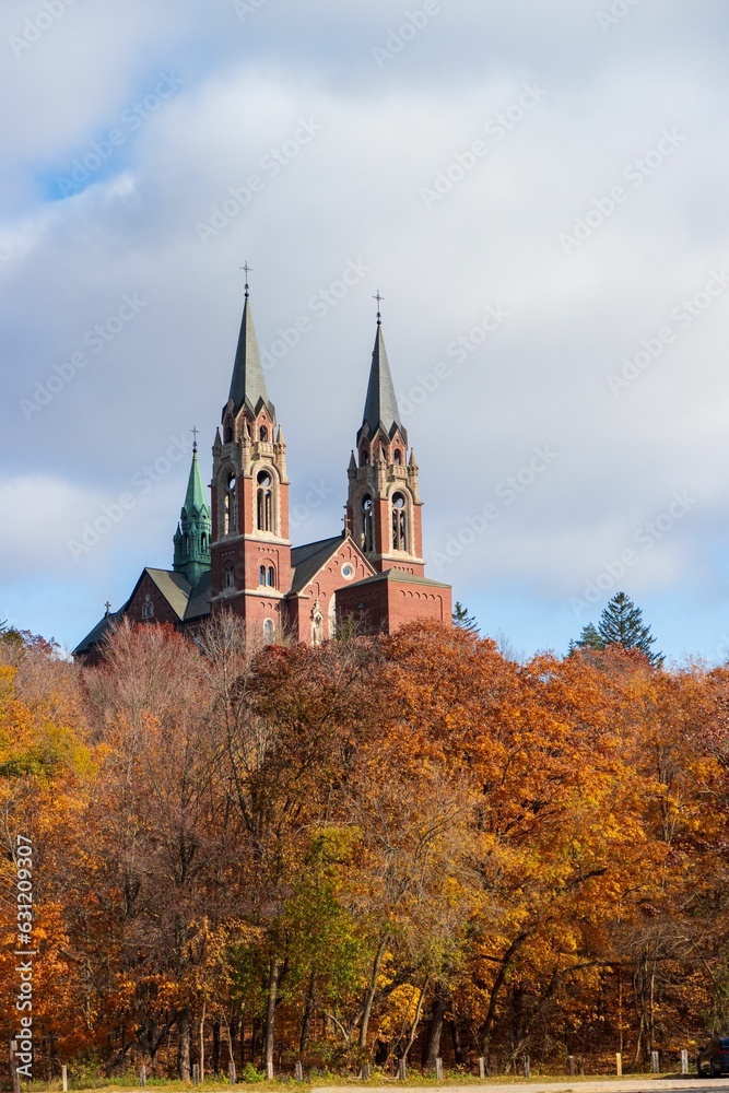 Holy Hill Basilica and National Shrine of Mary surrounded by trees in Washington County, Wisconsin