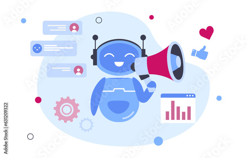 Chatbot marketing concept. Artificial intelligence and machine learning. Promotion on Internet, social networks, advertising. Bot assistant with loudspeaker. Cartoon flat vector illustration
