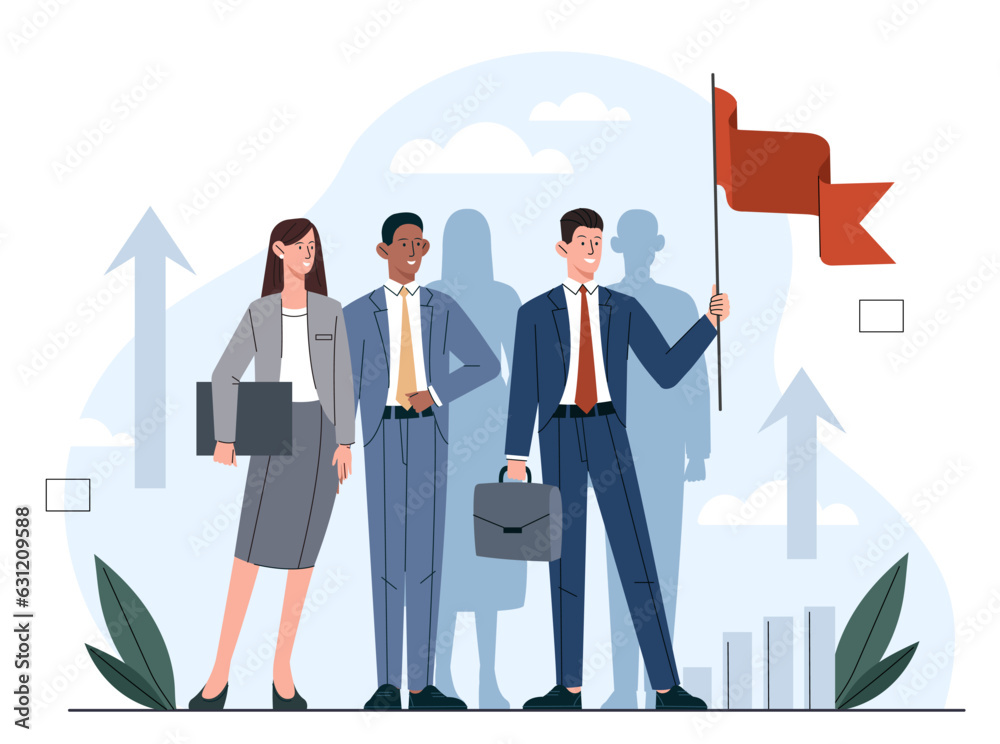 Concept of leader. Man in suit with red flag. Successful entrepreneur and businessman with subordinates. Vision of future and goal setting, motivation. Cartoon flat vector illustration Concept of leader. Man in suit with red flag. Successful entrepreneur and businessman with subordinates. Vision of future and goal setting, motivation. Cartoon flat vector illustration