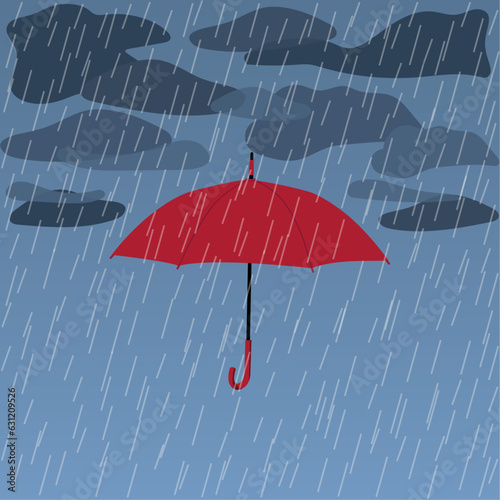 Autumn background red umbrella with rain drops under the clouds on a gray background. Rainy cloudy weather. Abstract flat vector illustration for design decoration with monsoon sale and bad mood. 