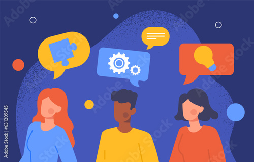 People communicate concept. Man and women working on common project. Collaboration and cooperation. Brainstorming, idea and brainstorming, inspiration. Cartoon flat vector illustration