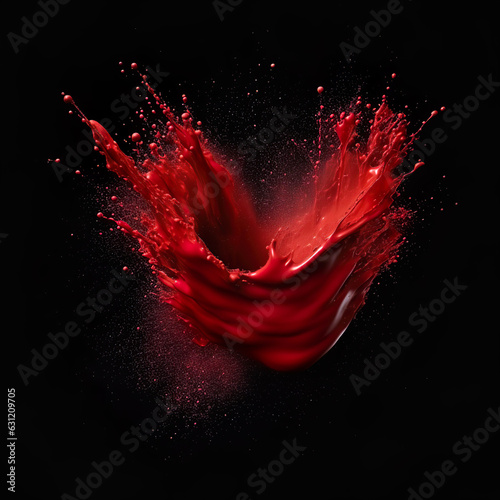 Red splash in the shape of a heart on black background. Ai