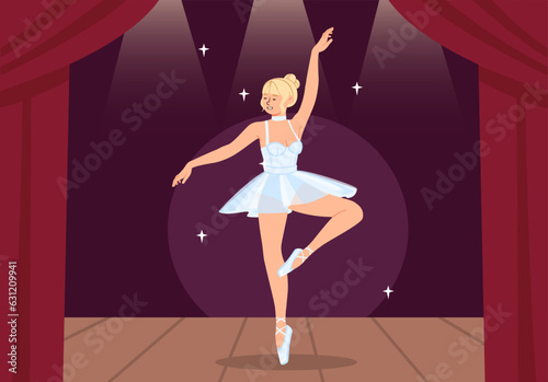 Girl dance ballet at stage concept. Creativity and art. Child dancing in white dress. Ballet and theatre. Actress perform. Poster or banner for website. Cartoon flat vector illustration