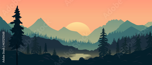 Beautiful landscape vector illustration. Stunning landscape of mountains, forests and lakes at sunset. Beautiful landscape for printing.