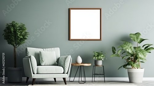 Front view of a modern luxury living room. Green wall with poster template  comfortable armchair with cushion  coffee table  green plants in floor pots. Mockup  3D rendering.
