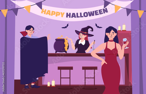 Halloween party concept. Man dressed as dracula and woman dressed as witch. International traditional holiday of fear and horror. Poster or banner. Cartoon flat vector illustration