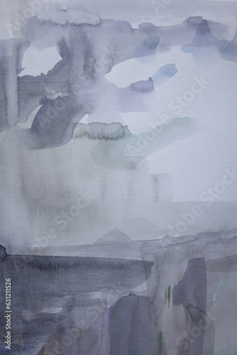 Laconic cloudy landscape abstract art watercolor. Simple white background with space for text. Implicit pale gray shades smudges on paper texture.