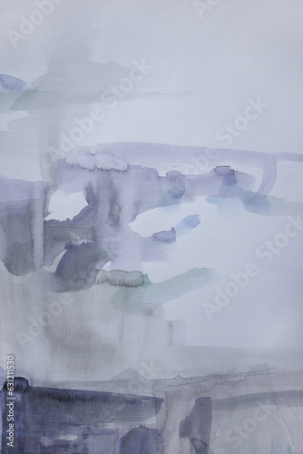 Cloudy landscape abstract art watercolor. Simple white background with space for text. Implicit shades on paper surface.