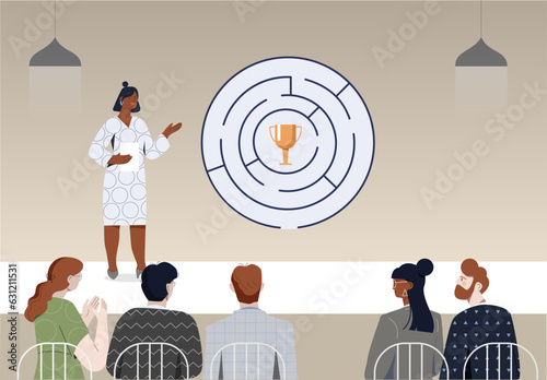 Woman with maze concept. Educational materials and puzzle. Circular labyrinth with golden goblet in center. Motivation, leadership and success metaphor. Cartoon flat vector illustration
