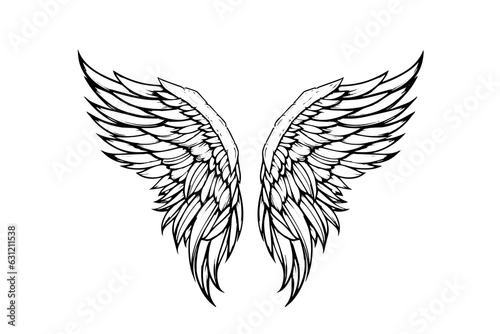 Angel wings ink sketch in engraving style. Hand drawn fenders vector illustration.
