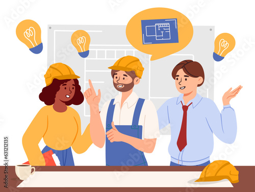 Team of architects concept. Men and woman in uniform with blueprint. House and building design, construction and engineering. Workers in protective hats. Cartoon flat vector illustration