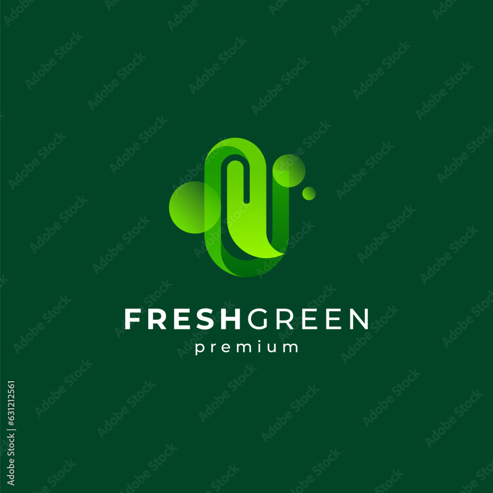 shiny and playful letter U with leaf and bubbles logo design