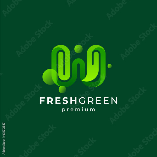 shiny and playful letter W with leaf and bubbles logo design