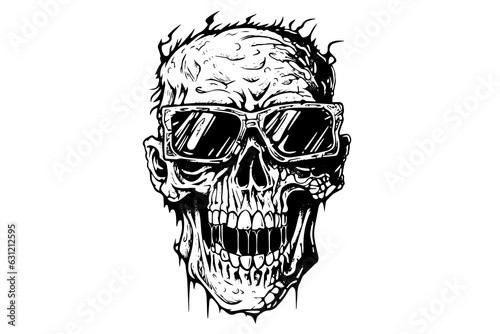 Zombie head on sunglasses or face ink sketch. Walking dead hand drawing vector illustration.