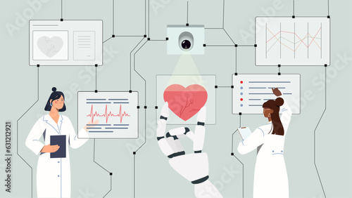 Research with help AI concept. Artificial intelligence and machine learning. Women with robotic arm analyzing statistics. Virtual assistant and helper. Cartoon flat vector illustration