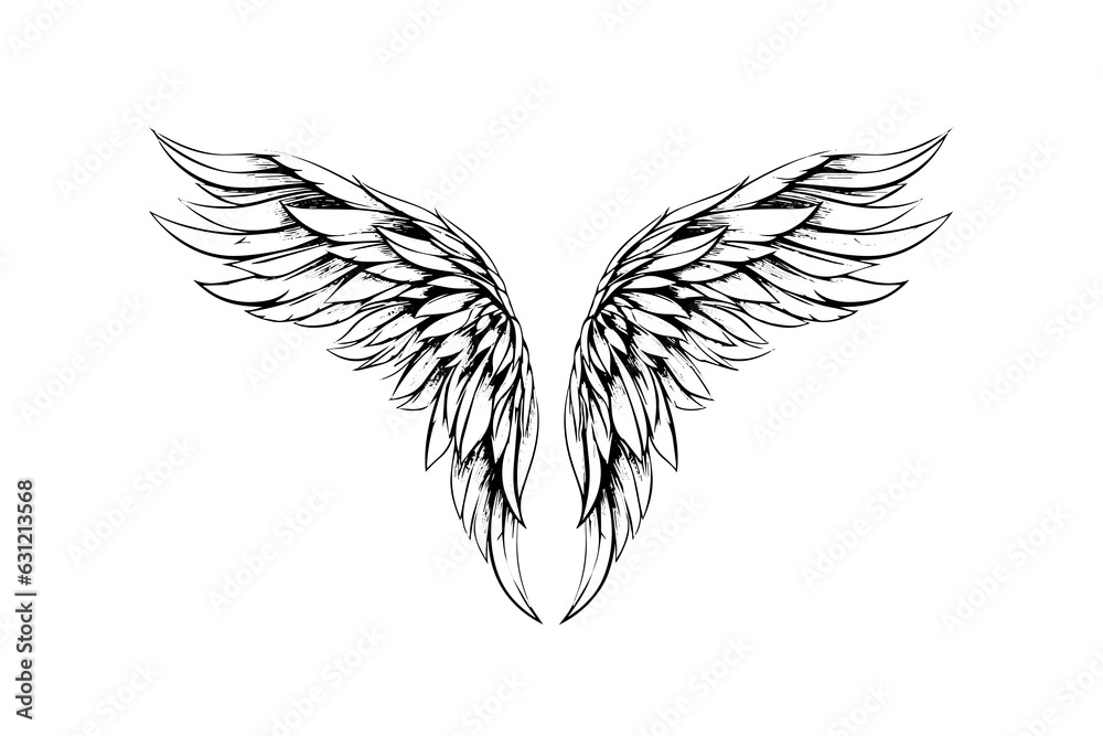Obraz premium Angel wings ink sketch in engraving style. Hand drawn fenders vector illustration.