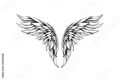 Angel wings ink sketch in engraving style. Hand drawn fenders vector illustration.