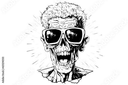 Zombie head on sunglasses or face ink sketch. Walking dead hand drawing vector illustration.