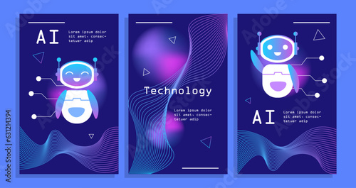Technology AI posters set. Artificial intelligence and machine learning. Bot and chatbot. Modern technologies and innovations. Cartoon flat vector collection isolated on blue background