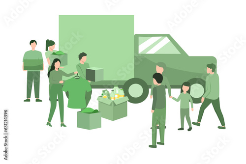 Vector illustration of Charity for support poor family concept. Humanitarian aid. Garage sale, thrifting clothes with flat design for website, banner and flyer