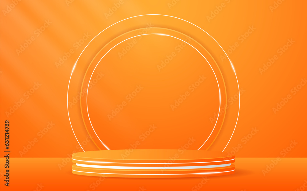 Orange podium with white lines and an orange circle on the back for product presentation. Display of cosmetic products. stage or podium. vector illustration
