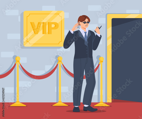 Vip zone security staff concept. Man in suit and sunglasses with walkie talkie in his hands stands on red carpet. Safety and protection of celebrities. Cartoon flat vector illustration