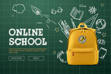 Back to school, online school banner, poster. Yellow backpack with school supplies on the background of a green checkered chalkboard with different doodle scientific icons
