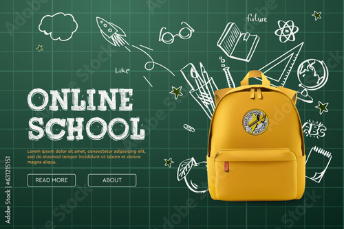 Back to school, online school banner, poster. Yellow backpack with school supplies on the background of a green checkered chalkboard with different doodle scientific icons