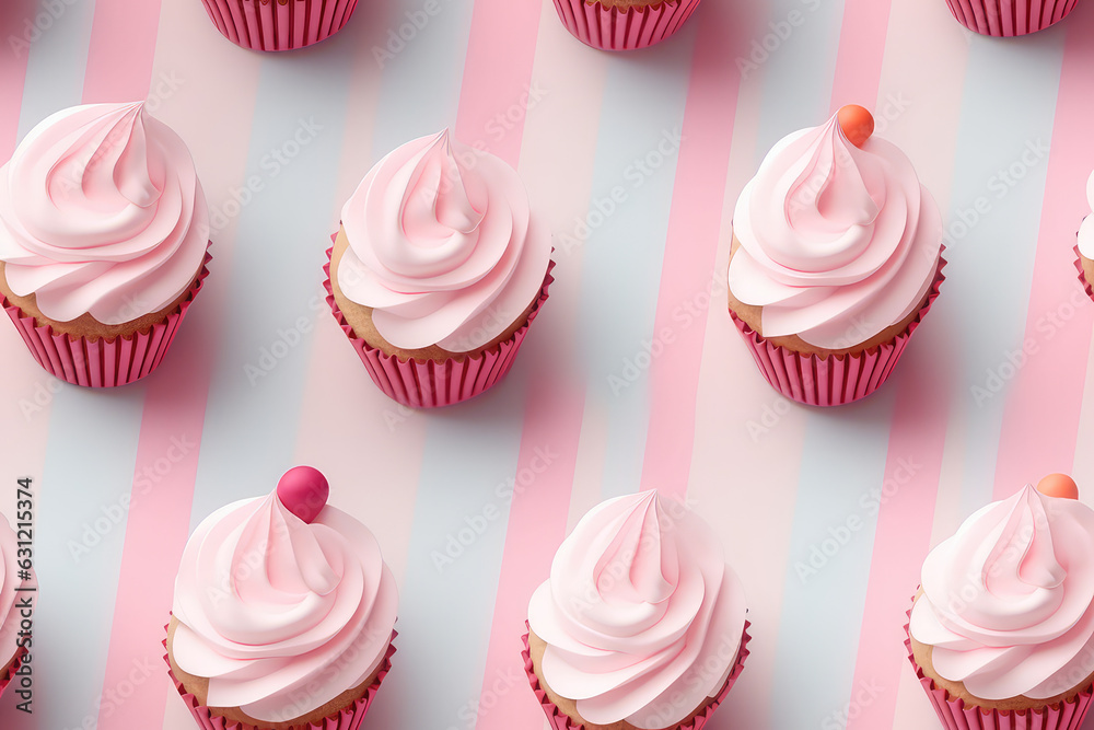 Cupcakes on pink background seamless pattern, sweet creamy tile ornament, cupcake with cream swirl repeat texture for wrapping paper or textile print. 3d render cartoon illustration style.