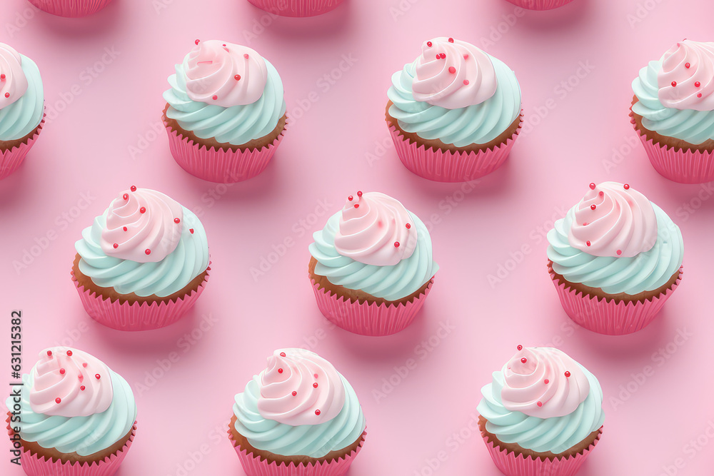 Cupcakes on pink background seamless pattern, sweet creamy tile ornament, cupcake with cream swirl repeat texture for wrapping paper or textile print. 3d render cartoon illustration style.