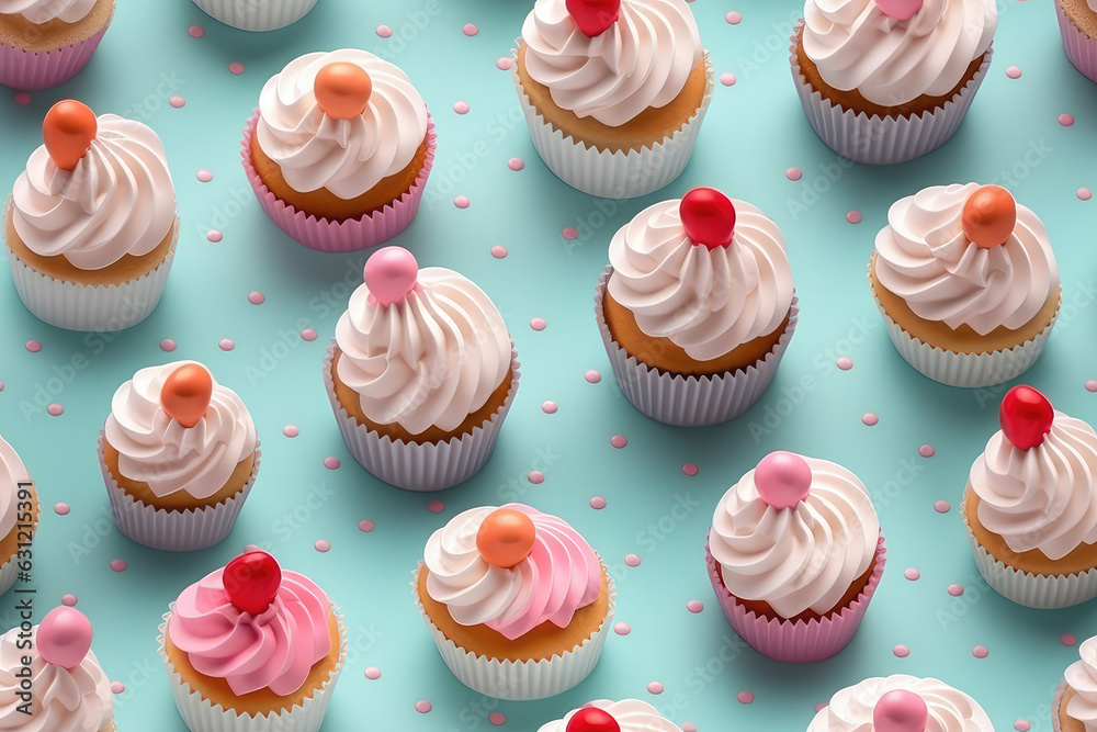 Cupcakes on blue background seamless pattern, sweet creamy tile ornament, cupcake with cream swirl repeat texture for wrapping paper or textile print. 3d render cartoon illustration style.