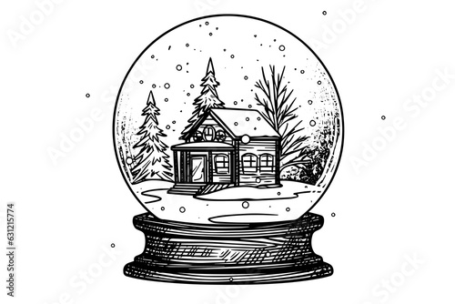Merry Christmas gift snow globe Snowflake tree and house inside. Vector engraving ink sketch illustration.