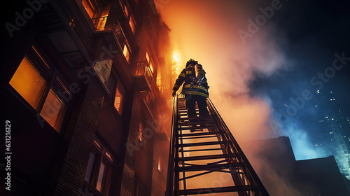 a firefighter is seen confidently ascending a tall ladder to reach a high-rise building. Their focus is unwavering as they prepare to tackle the fire from an elevated position