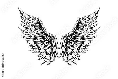 Angel wings ink sketch in engraving style. Hand drawn fenders vector illustration.